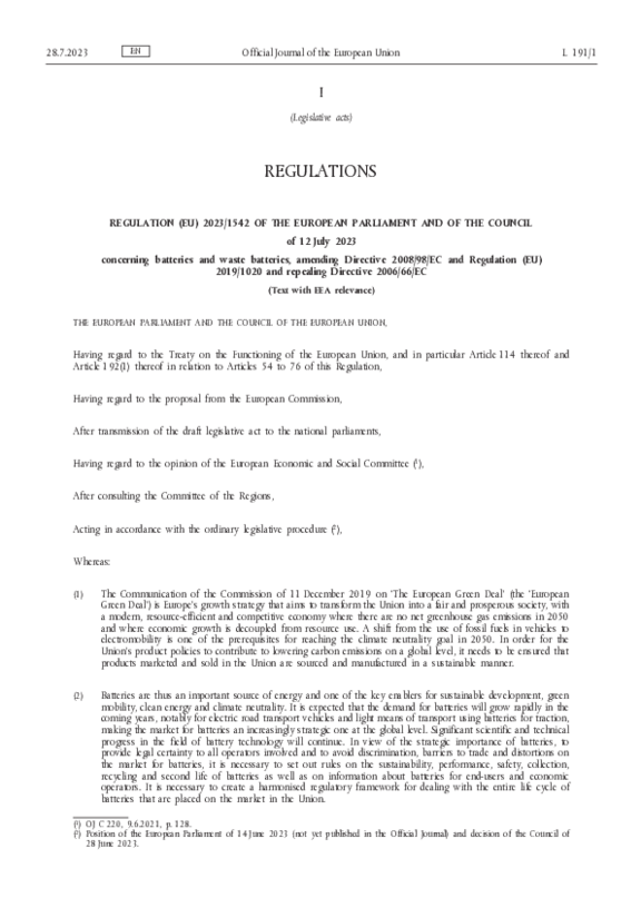 European Regulation 2023/1542 on batteries